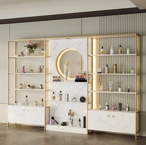 Precio al por mayor <span class=keywords><strong>Barber</strong></span>ía Salón de belleza tienda Gabinete de almacenamiento Estante de exhibición Estante de piso de madera de hierro con LED - Product Image 4