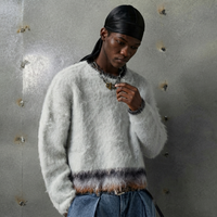 Herren Atmungsaktiver Langer Pullover Rundhals Übergroßer Schnitt Gestreiftes Muster Warmer Mohair-Strick Rückenlogo Winter