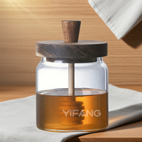 Tarro de miel de vidrio transparente con tapa de madera, cuchara, contenedor de cocina para conserva de jarabe de miel