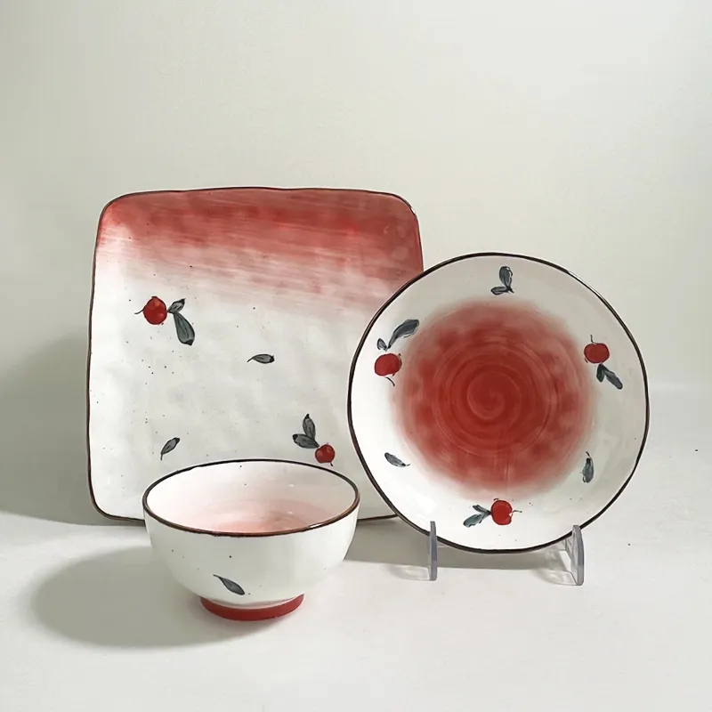 Großhandel 12 Stück Keramik Geschirr Set mit einzigartigen hand gezogenen Früchten Design Fit für Restaurant/Zuhause