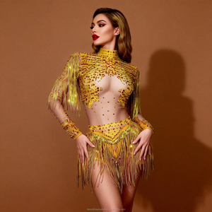 Traje de Baile Glamuroso para Drag Queen, Sexy, con Flecos de Pedrería Dorada, Cuello Alto, Estilo Nupcial, Uniforme para Grupo de Baile, Ropa de Escenario, Personalizado - Product Image 1