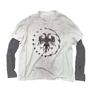 フィンチ・ガーメント カスタム オーバーサイズ コットン<span class=keywords><strong>T</strong></span>シャツ ボックスシルエット DTGプリント リベット ダメージ加工 ダブルレイヤー ディストレス加工 長袖<span class=keywords><strong>T</strong></span>シャツ メンズ - Product Image 1