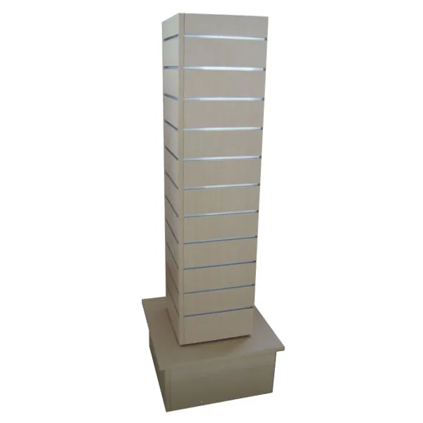 Rak Display Dinding Slatwall Menara Spinner MDF dengan 4 Sisi dan Dasar Besar