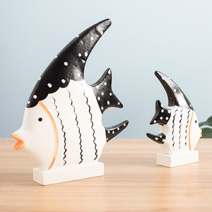 Wooden Striped Tropical Fish Ornament Mediterranean Style 2Pcs Living Room <b>Decor</b> - Product Image 1