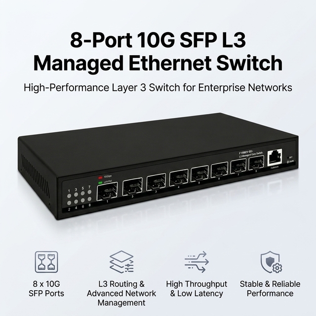8 Ports 10G SFP+ L3 Managed Core Switch with Console Port Support VLAN, QoS Static Routing, OSPF, DHCP for Fiber Optic Backbone