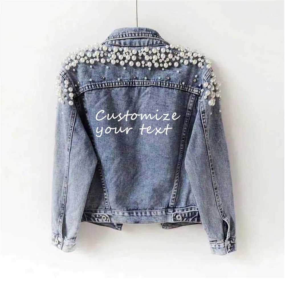 Print Embroidery LOGO Studded Rivet Pearl Women Denim Jacket Long Sleeve Fashion Jacket Big Pearl Denim Jacket