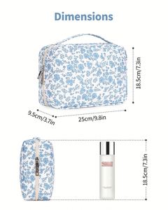 Blue Floral Waterproof Cosmetic <b>Bag</b> Portable Makeup Pouch Wash <b>Bag</b> with Handle - Product Image 5