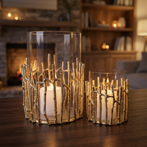 Ensemble de porte-bougies en verre décoratif avec motif de branche dorée, forme cylindrique, résistant à la chaleur, décoration d'intérieur, 31 cm et 25,5 cm - Product Image 6