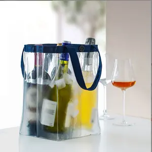 Bolsa de vinho portátil transparente, saco de vinho personalizado de pvc transparente para vinho, bolsa para gelo com alça, tamanho grande