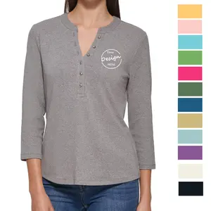 Özel Logo ekran baskı düz 3 düğme 100% 3/4 penye pamuk kollu V yaka kadın T Shirt ile özel etiket