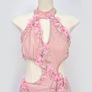 Leotardo de Danza Lírica para Mujer, Color Rosa Floral, con Cuello Halter y Recortes, con Pedrería, Spandex/Nylon, para Actuaciones en Escenario - Product Image 3