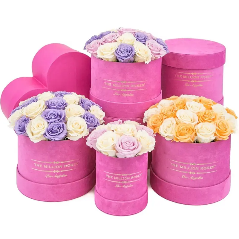 Kotak bunga merah muda Valentine romantis mewah bungkus kesukaan pesta pernikahan berbentuk bulat dengan pita merah muda untuk kemasan hadiah