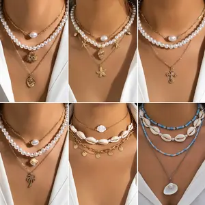 New Arrival Fashion Jewelry European Bead Necklace Beach Necklace 18K Gold 4 Layered Sea Shell Palm Tree Women Necklace