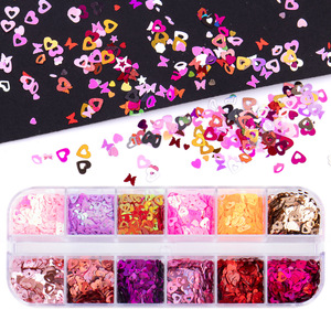 12 compartiments de flocons 3D en forme de cœur et de fleur, couleurs assorties, en plastique, accessoires de décoration pour ongles pour la Saint-Valentin - Product Image 5