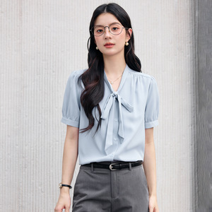 White Chiffon Blouse Women Short Sleeve Bow Tie V Neck Office Shirt Solid Color Polyester Summer 2026 New Style - Product Image 3