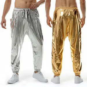 2024流行时尚迪斯科派对流行男装金属闪亮慢跑者男士亮热金色慢跑裤长裤
