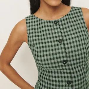 Robe chemise sans manches en lin à carreaux gingham coupe trapèze vintage pour femme, personnalisable OEM - Product Image 4