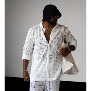 KY Custom Turn Down Collar Crochet Top Snap Button camicetta bianca Hollow Straight Pants <span class=keywords><strong>uomo</strong></span> Crochet Fabric abiti Casual da <span class=keywords><strong>uomo</strong></span> - Product Image 5