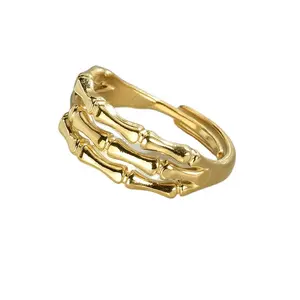Manufacture fashion 14k 18k gold plated jewelry custom design skeleton hand skull bone adjustable ring