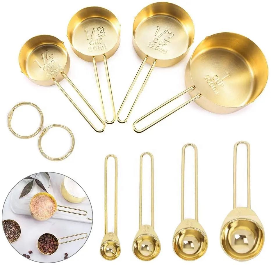 8 Piece Stainless Steel Measuring Cup and Spoons Set Stackable Measuring Cups with Engraved Marking Ruler Measure