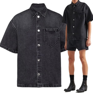 Chemises en jean pour hommes, coupe ample, 100% coton, noir délavé, manches courtes, fermeture boutonnée - Product Image 6