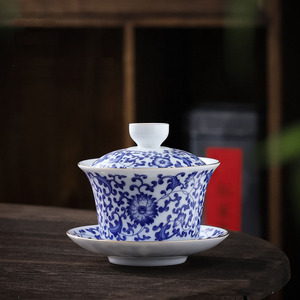 Juego de Té de Cerámica Azul y Blanca de 160 ml, Sancai <span class=keywords><strong>Gai</strong></span> Wan, Taza de Té Kongfu, Taza de Té China Jing Cha Wan - Product Image 3