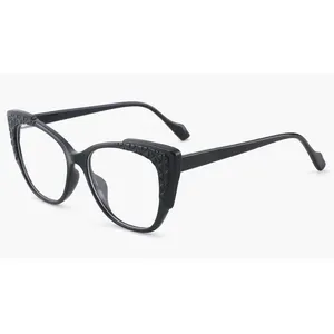 Wholesale New Acetate Carving Clear Flat Lens Cat Eye Colorful Optical Frames Glasses Eyeglasses