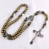 Nouveauté Collier de prière en corde tressée avec perles de 10 mm, pendentif en alliage en forme de croix, collier de prière catholique en paracorde