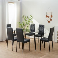Ensemble de salle à manger moderne en verre trempé noir, table durable avec 6 chaises rembourrées en PU confortables, vente en gros