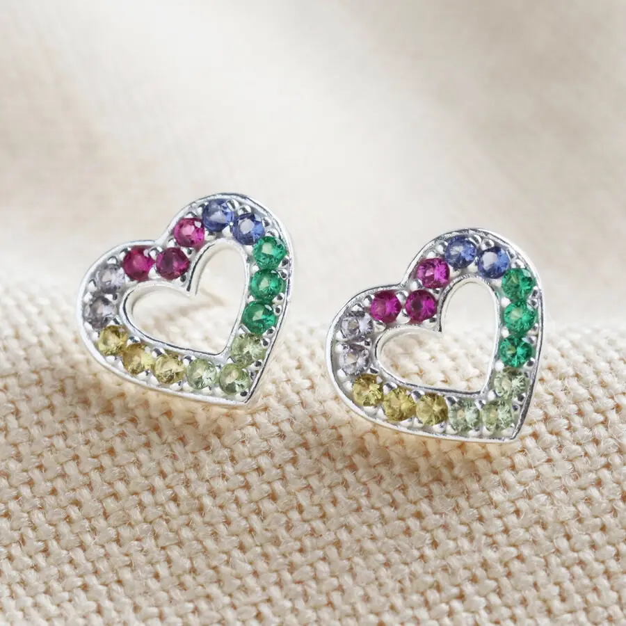 Crystal Heart Stud Earrings Rainbow 925 Sterling Silver Cute Brass Zircon Huggie Earrings Geometric Earings Jewelry Women Silver