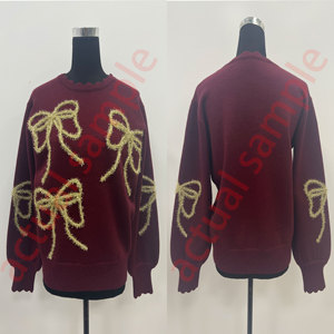 Elegante Maglione da <span class=keywords><strong>Donna</strong></span> <span class=keywords><strong>Bordeaux</strong></span> con Fiocco Dorato 3D Applicato, Ricamo e Collo a V Arricciato, Pullover Lavorato a <span class=keywords><strong>Maglia</strong></span> - Product Image 5