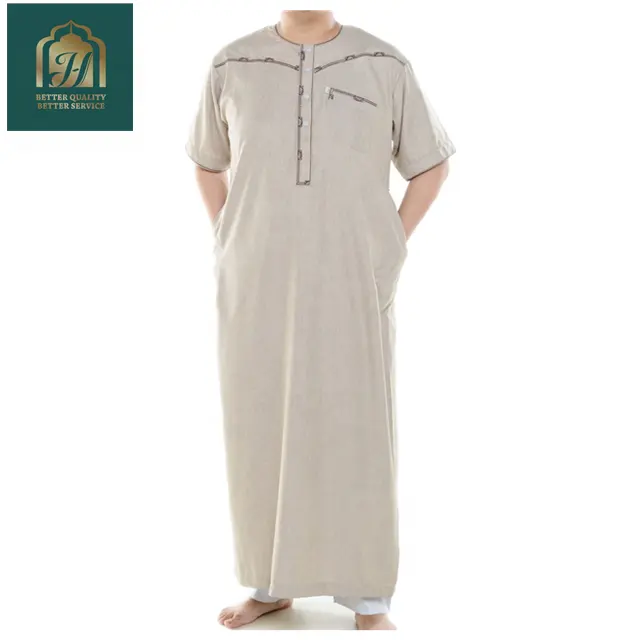 Işlemeli IKAF toptan yeni fas tasarım müslüman geleneksel giyim kaliteli erkekler Thobe pamuk keten islam giyim