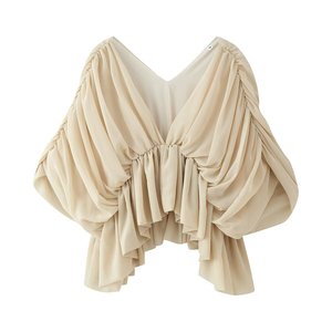 Lin Elegant Casual Woven Draped Chiffon Cape Sleeve Blouse-V-Neck Ruched Asymmetric Hem <strong>Flowy</strong> <strong>Top</strong> for Women Outwear - Product Image 4
