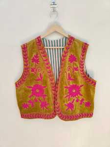 Chaqueta Bomber de Terciopelo Suzani Bordada a Mano, Reversible, Ecológica, Transpirable, de Manga Corta, Diseño Floral, para Invierno - Product Image 5