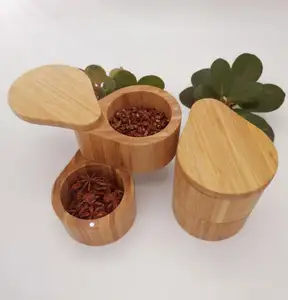 2 Tiers Bamboo Salt Box Wood Spices Jar Salt Cellar Box Bamboo Salt and Pepper Box with Magnetic Swivel Lid for Herbs, Seasoning