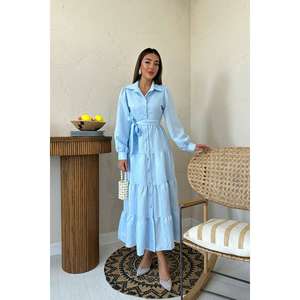 Robe trapèze bleue ceinturée à col, taille naturelle, en tissu tissé respirant, pour usage quotidien décontracté - Product Image 5