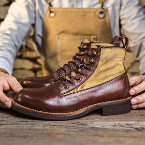 <b>For</b> Boots <b>Men</b> Brown Leather Round Toe Mid <b>Heel</b> Motorcycle Work Boots British Style Color Blocking Fleece Lining - Product Image 1
