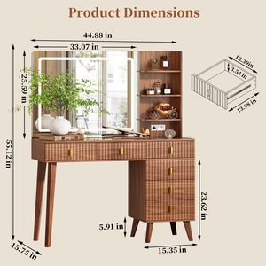 PHOENIX HOME Modern Glass Top <strong>Dressing</strong> <strong>Table</strong> <strong>Large</strong> <strong>Mirror</strong> 6 Drawers Storage Shelves Walnut Fluted Makeup Vanity Desk - Product Image 4