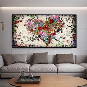 Tela moderna de decoração, pintura em tela abstrata colorida de coração, flores, posteres e impressões, imagens de arte de parede para sala de estar, quadros, decoração de casa