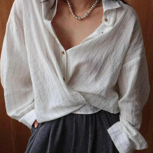เสื้อเชิ้ตผ้าลินินผส<span class=keywords><strong>ม</strong></span>ลายทางสไตล์ฝรั่งเศส ทร<span class=keywords><strong>ง</strong></span>หลว<span class=keywords><strong>ม</strong></span> น้ำหนักเบา สำหรับผู้หญิ<span class=keywords><strong>ง</strong></span> ติดกระดุ<span class=keywords><strong>ม</strong></span> - Product Image 2