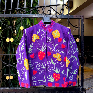 Boho Chic Purple Cotton <b>Embroidered</b> <b>Jacket</b> With Floral & Strawberry Pattern Full Sleeve Stand Collar Handmade <b>Women</b> Winter Coat - Product Image 1