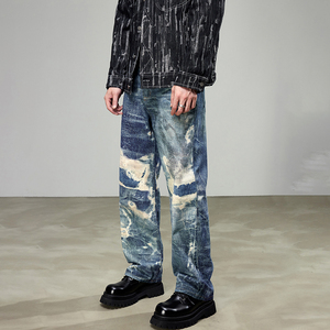 Jean en denim évasé pour homme, style motard, design de niche unique, punk, streetwear, avec patchs et déchirures, effet vieilli - Product Image 3