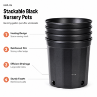 Pots de pépinière en plastique de 1,7 gallon, noirs, empilables, robustes, pour la plantation en serre, avec drainage