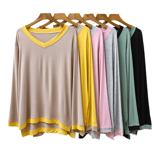 เสื้อยืดแขนยาวคอวีสำหรับผู้หญิง L-XL สีพื้นเอวยางยืดระบายอากาศได้ดี - Product Image 3