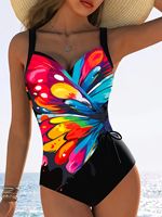 Maillot de bain une pièce femme été à rayures dégradées, torsadé devant, col en V, effet ventre plat, coupe ajustée pour la plage et la piscine