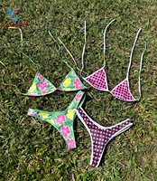 Ensemble de bikini triangle imprimé à motif floral et pois, avec bas de maillot string à nouer sur le côté, maillot de bain pour femme, vente en gros, maillot de bain personnalisé