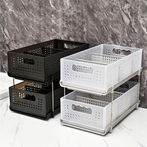 Organisateur de placard sous l'évier à deux niveaux multifonctionnel, tiroirs coulissants, organisateur de rangement en plastique pliable pour la salle de bain - Product Image 2