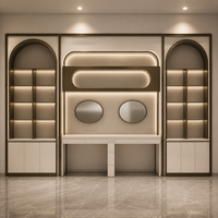 Meuble de salle de bain avec miroir circulaire, vitrine à étagères en verre rétroéclairées par LED, finition or rose, meubles de luxe