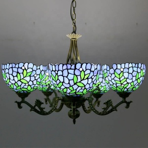 LongHuiJing Vintage Tiffany Style Stained Glass Dome <b>Chandelier</b> 6 <b>Lights</b> Wisteria Stained Glass Carved Pendant Lamp - Product Image 1