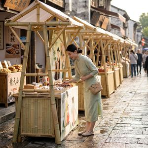 Bamboo <b>Market</b> <b>Stall</b> <b>Display</b> <b>Stand</b> Portable Exhibition Shelves With Digital Printing Customizable Advertising Sign - Product Image 2